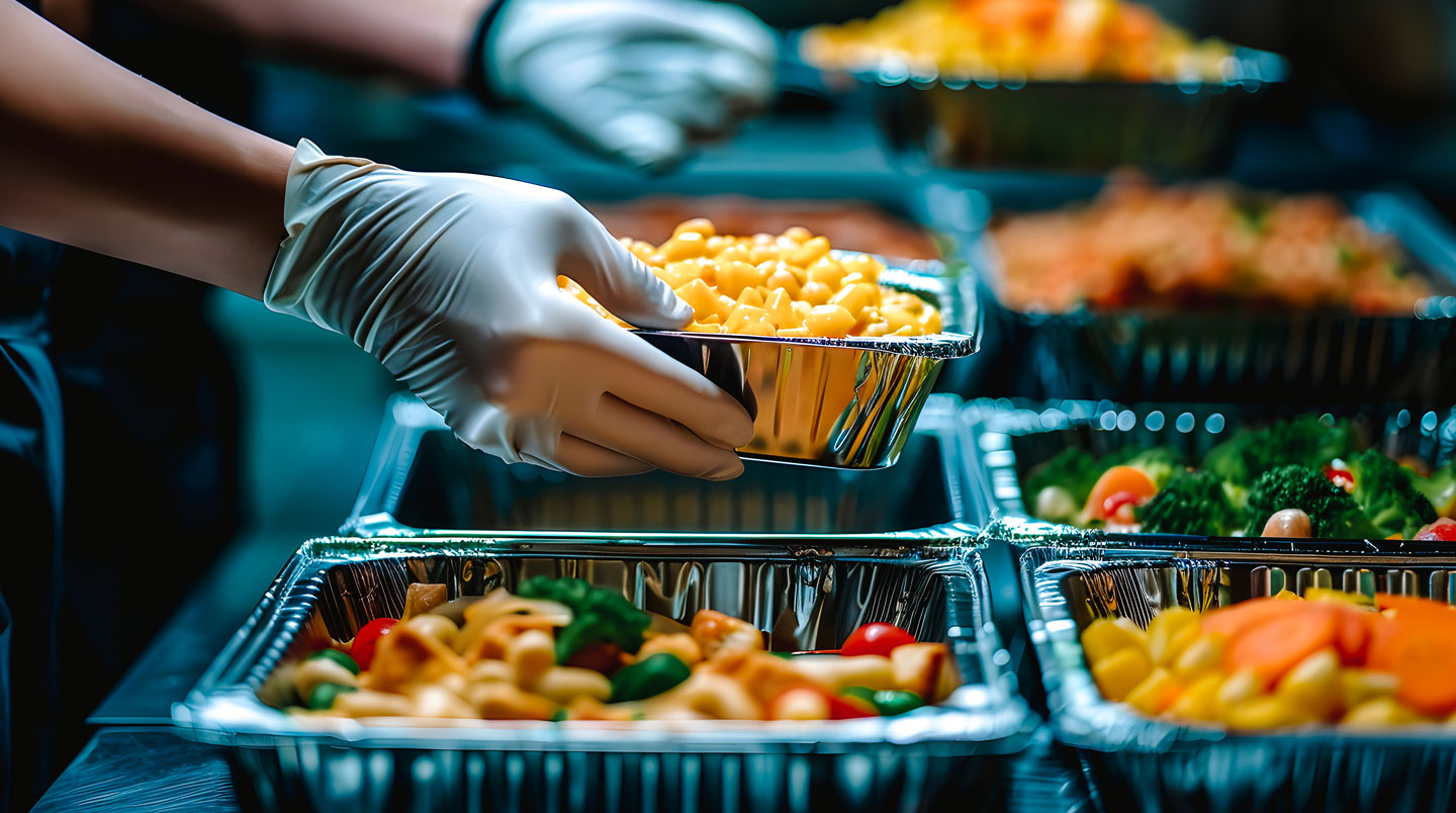 Étagères de cuisine professionnelle avec différents types de barquettes alimentaires empilées et organisées, dans un espace moderne et bien éclairé