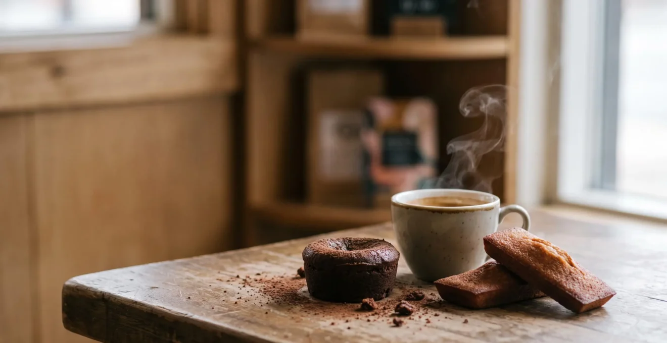 Une tasse de café expresso fumante posée à côté d'une sélection de pâtisseries fines sur une table en bois, dans une lumière douce et chaleureuse