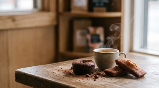Une tasse de café expresso fumante posée à côté d'une sélection de pâtisseries fines sur une table en bois, dans une lumière douce et chaleureuse