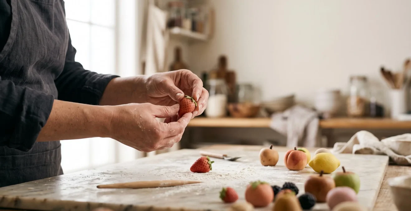 Mains d'un pâtissier modelant délicatement une petite fraise réaliste en pâte d'amande sur un plan de travail en marbre