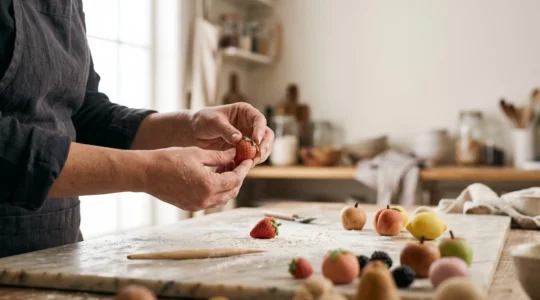 Mains d'un pâtissier modelant délicatement une petite fraise réaliste en pâte d'amande sur un plan de travail en marbre