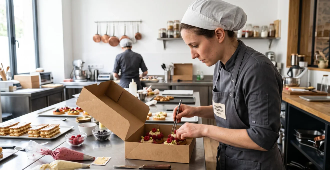 Vue de profil d'un pâtissier arrangeant avec précision une création dans une boîte kraft ouverte sur un plan de travail en inox