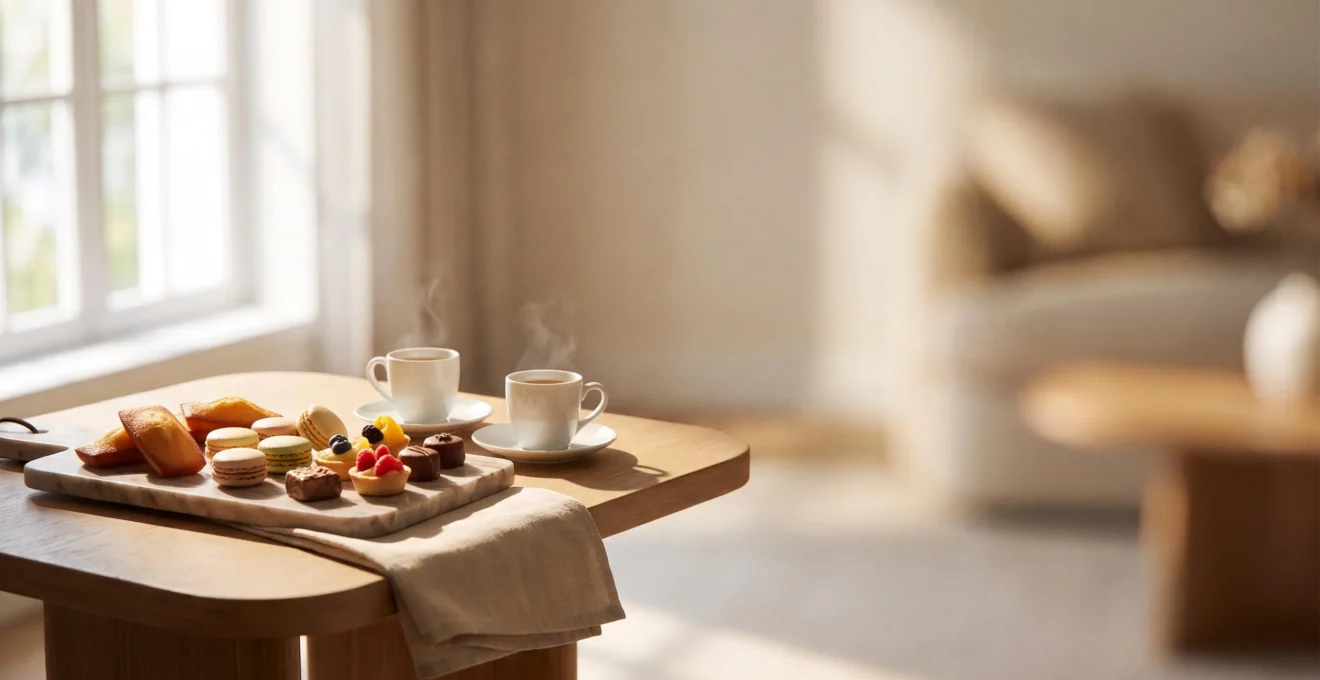 Plateau élégant de mignardises variées (financiers, macarons, tartelettes) présenté à côté de tasses de café sur une table de réception raffinée