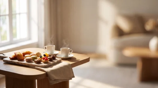 Plateau élégant de mignardises variées (financiers, macarons, tartelettes) présenté à côté de tasses de café sur une table de réception raffinée