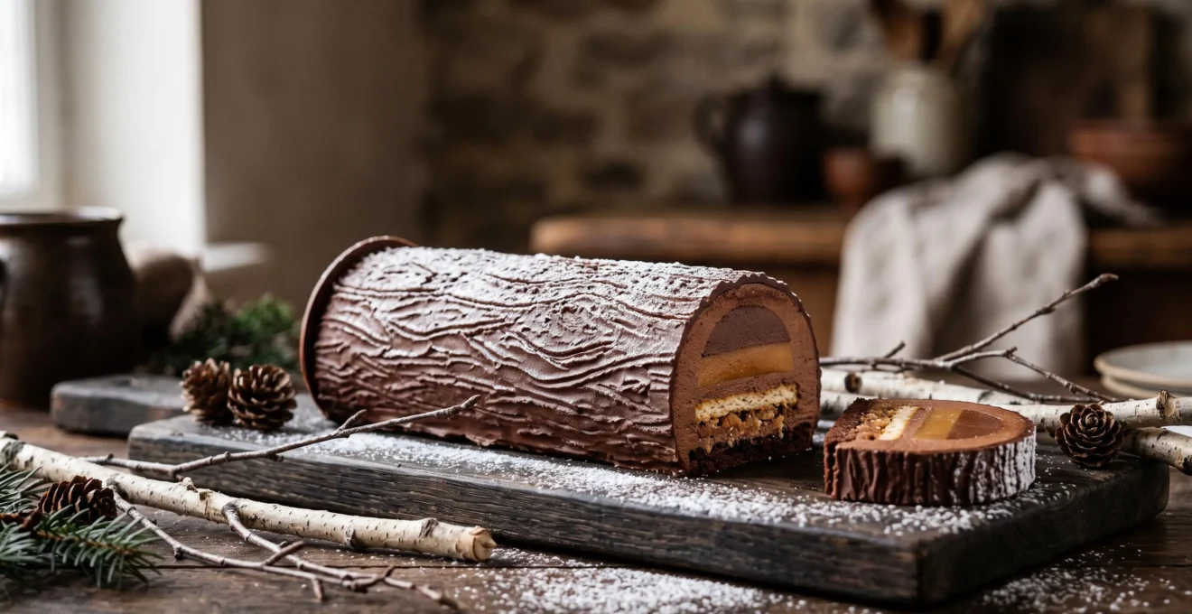 Bûche de Noël au design contemporain évoquant discrètement l'écorce et la forêt d'origine, posée sur une table élégante