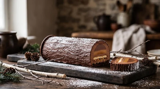 Bûche de Noël au design contemporain évoquant discrètement l'écorce et la forêt d'origine, posée sur une table élégante