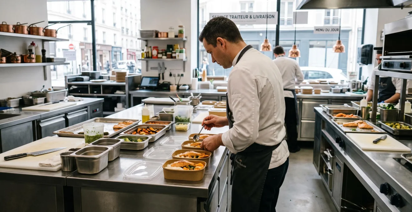 Un chef cuisinier de dos dans une cuisine professionnelle moderne dispose une préparation culinaire dans un contenant alimentaire, plans de travail en inox, lumière naturelle abondante