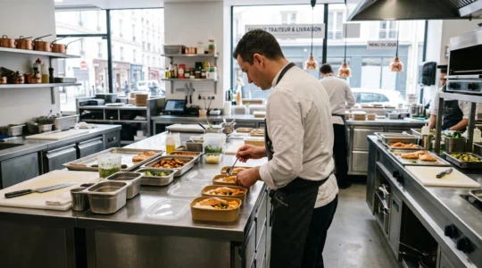 Un chef cuisinier de dos dans une cuisine professionnelle moderne dispose une préparation culinaire dans un contenant alimentaire, plans de travail en inox, lumière naturelle abondante