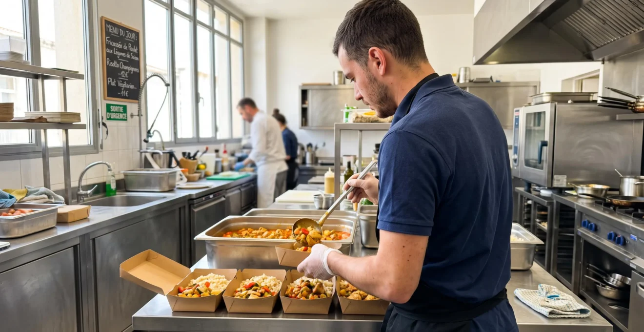 Un employé de cuisine vu de dos remplit soigneusement des barquettes alimentaires avec plats cuisinés dans une cuisine professionnelle moderne
