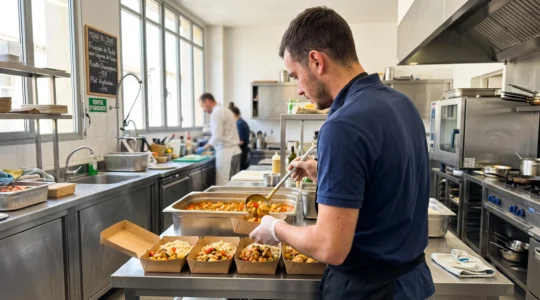 Un employé de cuisine vu de dos remplit soigneusement des barquettes alimentaires avec plats cuisinés dans une cuisine professionnelle moderne