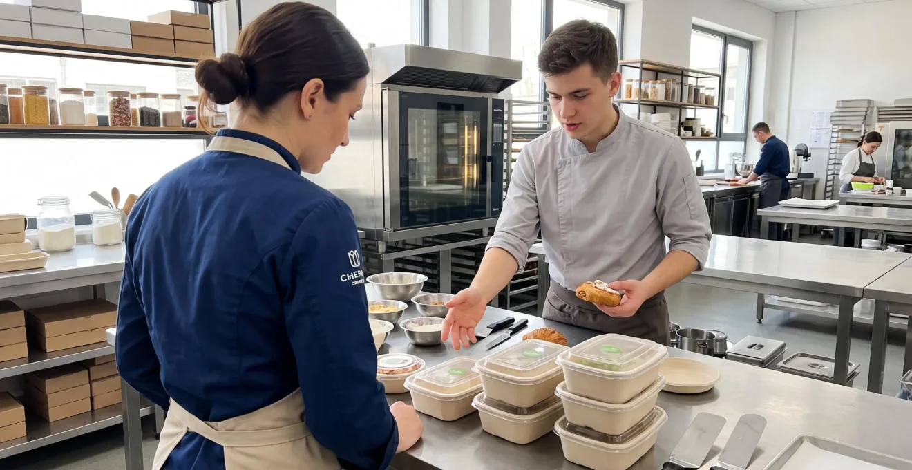 Un chef pâtissier et son assistant examinent des contenants écologiques sur le plan de travail d'une cuisine professionnelle lumineuse