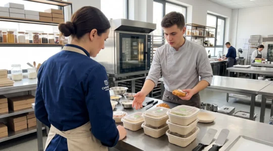 Un chef pâtissier et son assistant examinent des contenants écologiques sur le plan de travail d'une cuisine professionnelle lumineuse