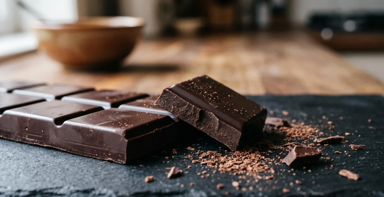 Éclats de chocolat noir brillant et cassant, mettant en valeur une texture lisse et satinée typique d'un tempérage réussi