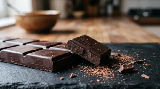 Éclats de chocolat noir brillant et cassant, mettant en valeur une texture lisse et satinée typique d'un tempérage réussi