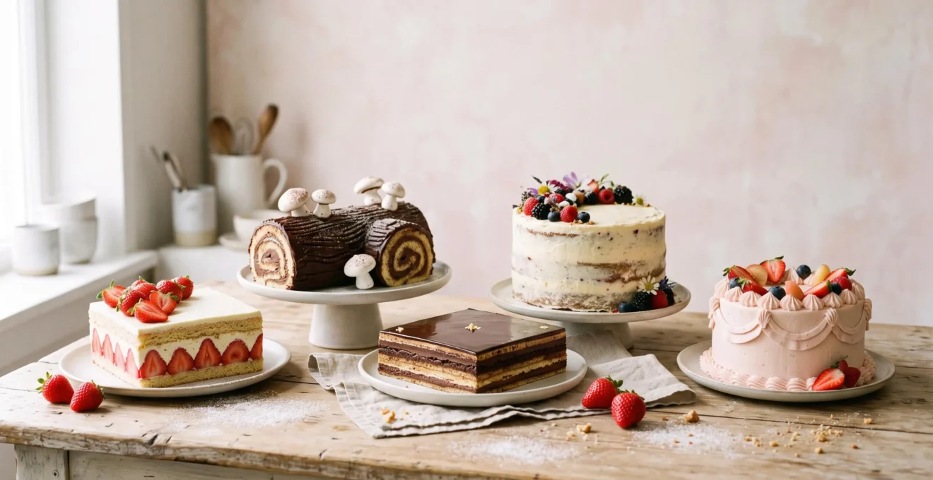 Composition élégante de cinq gâteaux classiques de la pâtisserie française présentés sur une table en bois clair