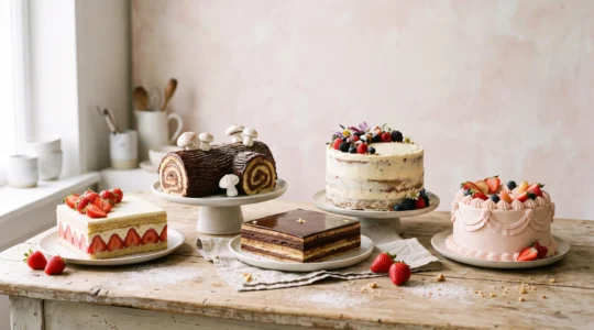 Composition élégante de cinq gâteaux classiques de la pâtisserie française présentés sur une table en bois clair