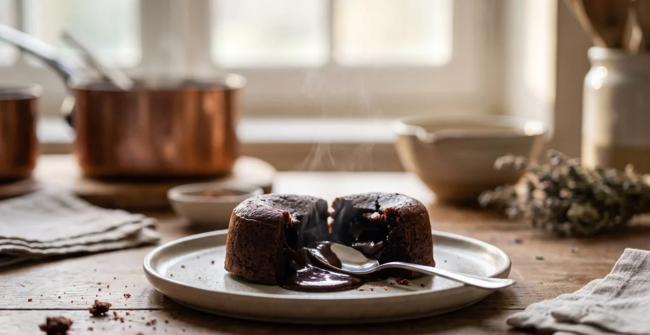 Fondant au chocolat coupe en deux laissant couler un coeur de chocolat liquide et brillant