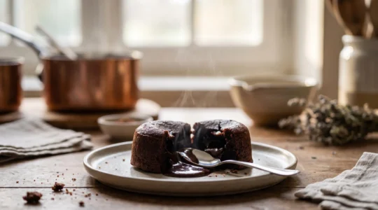 Fondant au chocolat coupe en deux laissant couler un coeur de chocolat liquide et brillant