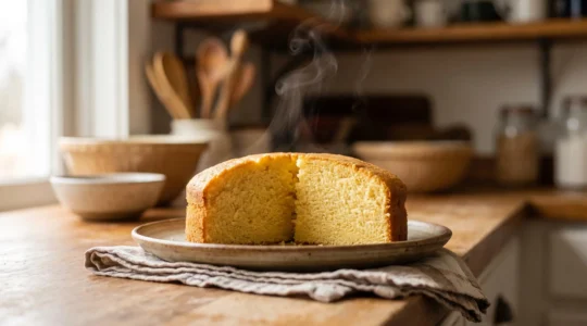 Coupe transversale d'un gateau moelleux montrant une cuisson parfaitement uniforme des bords au centre