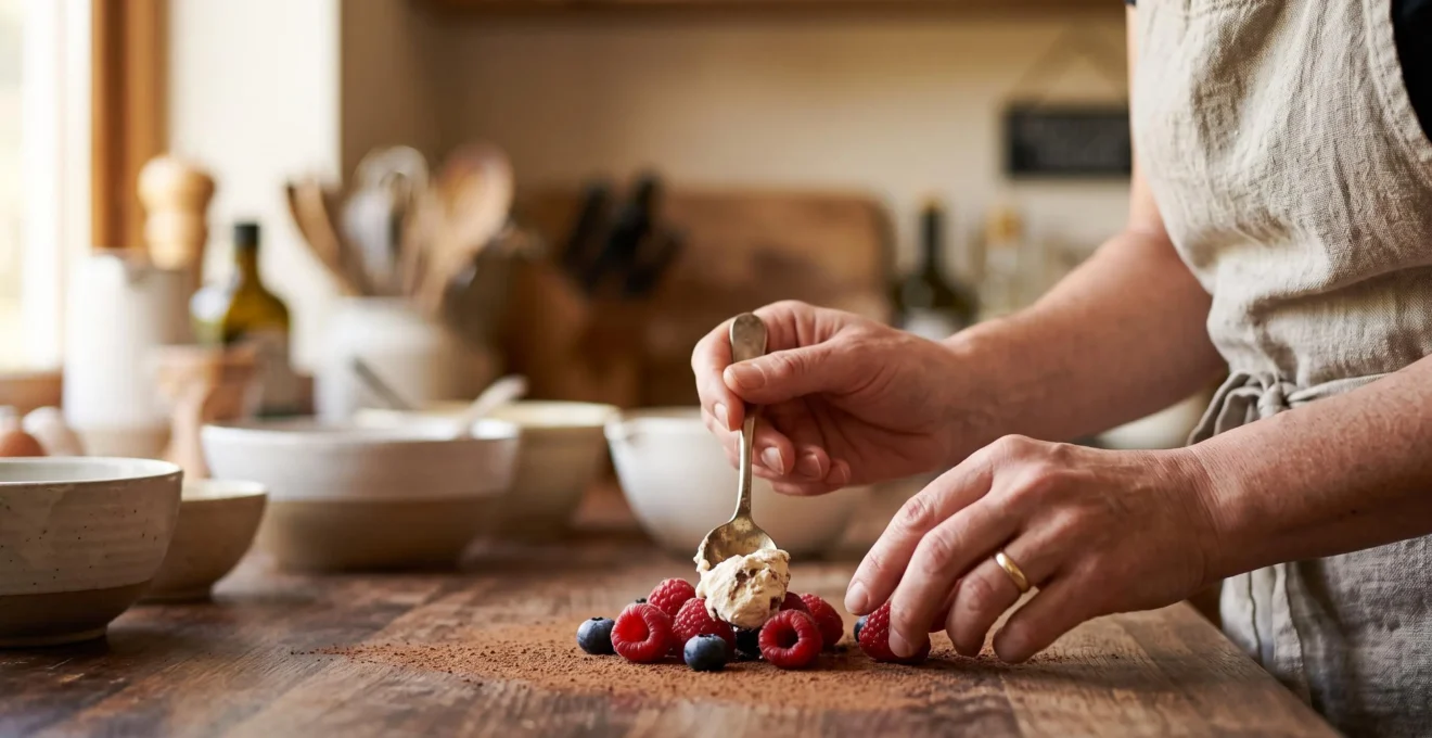 Mains de pâtissier composant intuitivement une création originale sur un plan de travail, sans recette écrite visible