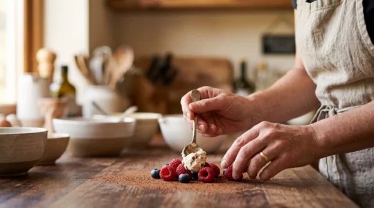 Mains de pâtissier composant intuitivement une création originale sur un plan de travail, sans recette écrite visible