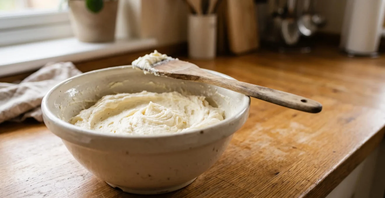 Bol de beurre et sucre fouettes formant une texture cremeuse et aeree, gros plan artistique en cuisine