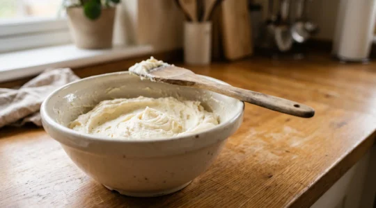 Bol de beurre et sucre fouettes formant une texture cremeuse et aeree, gros plan artistique en cuisine