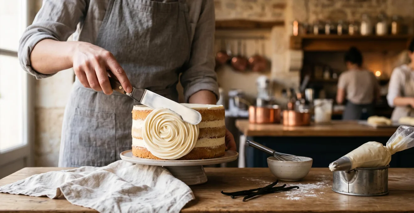 Gros plan élégant sur une crème au beurre lisse et brillante pochée sur un gâteau, illustrant la maîtrise technique de la pâtisserie
