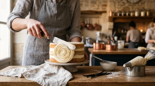 Gros plan élégant sur une crème au beurre lisse et brillante pochée sur un gâteau, illustrant la maîtrise technique de la pâtisserie