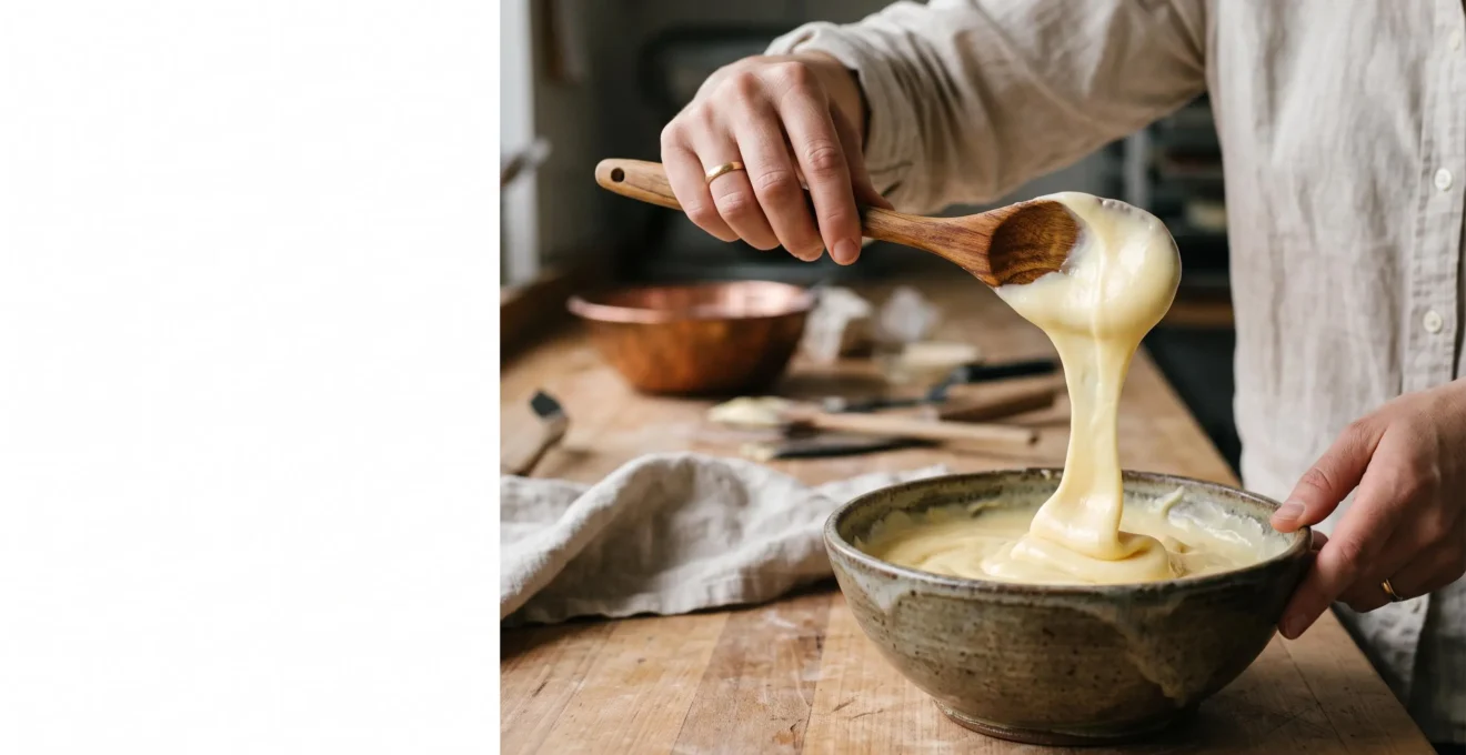 Cuillère soulevant une crème pâtissière allégée soyeuse et brillante dans une cuisine de pâtisserie baignée de lumière naturelle