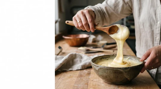 Cuillère soulevant une crème pâtissière allégée soyeuse et brillante dans une cuisine de pâtisserie baignée de lumière naturelle