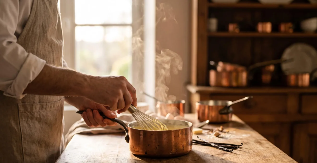 Mains d'un pâtissier fouettant une crème pâtissière lisse et dorée dans une casserole en cuivre
