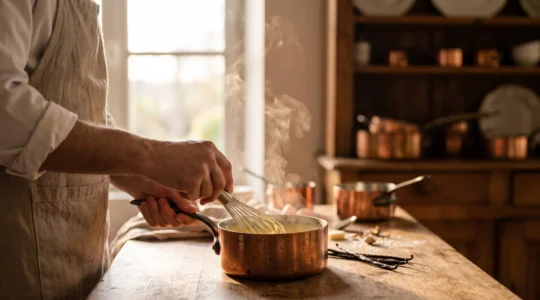 Mains d'un pâtissier fouettant une crème pâtissière lisse et dorée dans une casserole en cuivre