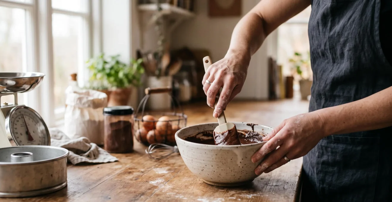 Une personne débutante prépare un gâteau au chocolat fondant dans une cuisine chaleureuse et lumineuse, entourée d'ustensiles simples de pâtisserie