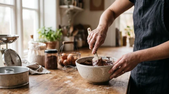 Une personne débutante prépare un gâteau au chocolat fondant dans une cuisine chaleureuse et lumineuse, entourée d'ustensiles simples de pâtisserie