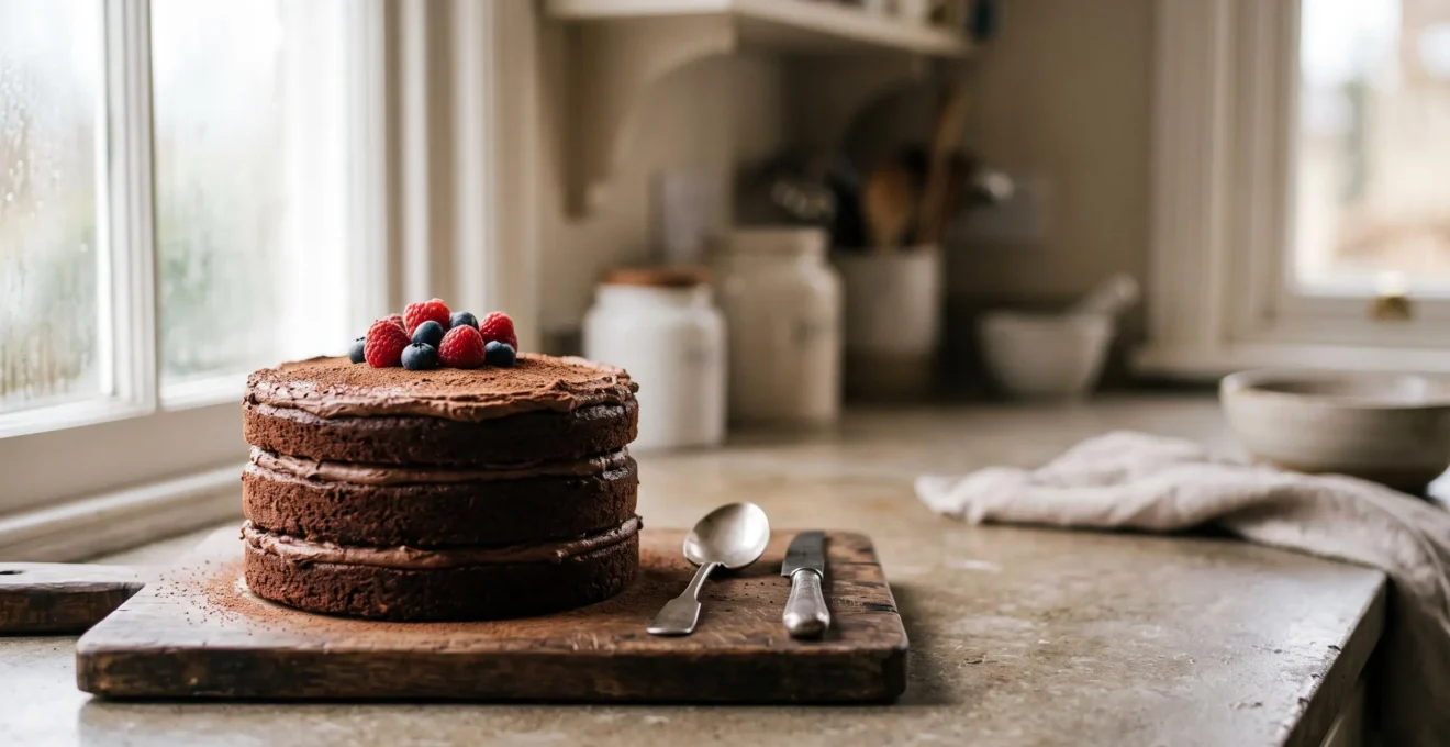 Gâteau élégamment décoré à la maison avec des éléments simples, sans matériel professionnel, dans une cuisine baignée de lumière naturelle