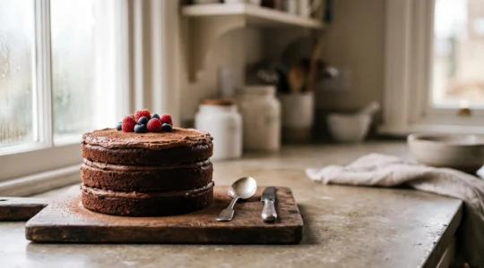 Gâteau élégamment décoré à la maison avec des éléments simples, sans matériel professionnel, dans une cuisine baignée de lumière naturelle