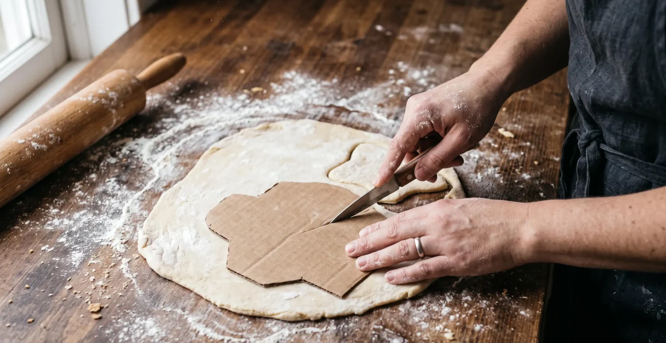 Mains d'un pâtissier découpant une forme personnalisée dans une pâte étalée à l'aide d'un gabarit maison et d'un couteau fin
