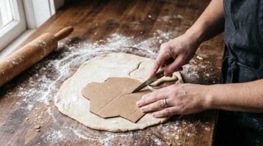 Mains d'un pâtissier découpant une forme personnalisée dans une pâte étalée à l'aide d'un gabarit maison et d'un couteau fin