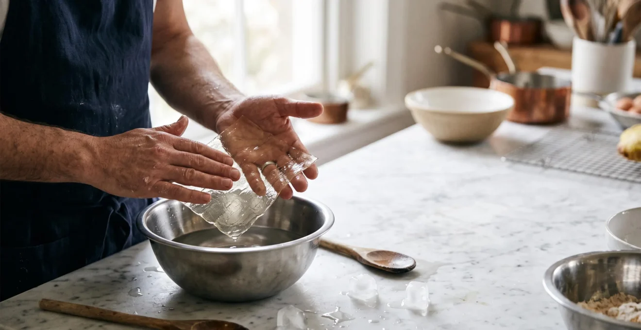 Mains d'un pâtissier essorant délicatement une feuille de gélatine translucide au-dessus d'un bol en inox, dans une cuisine baignée de lumière naturelle