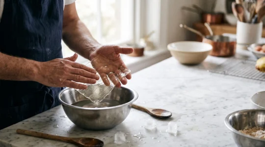 Mains d'un pâtissier essorant délicatement une feuille de gélatine translucide au-dessus d'un bol en inox, dans une cuisine baignée de lumière naturelle