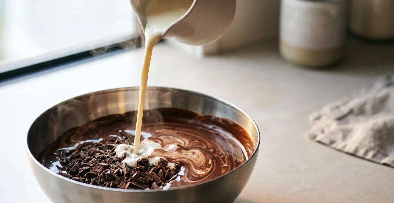 Gros plan artistique sur une creme chaude versee sur du chocolat noir en train de former une emulsion lisse et brillante