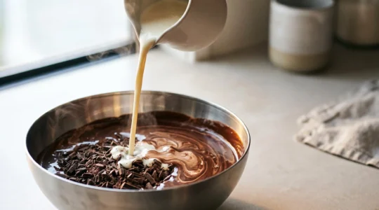 Gros plan artistique sur une creme chaude versee sur du chocolat noir en train de former une emulsion lisse et brillante
