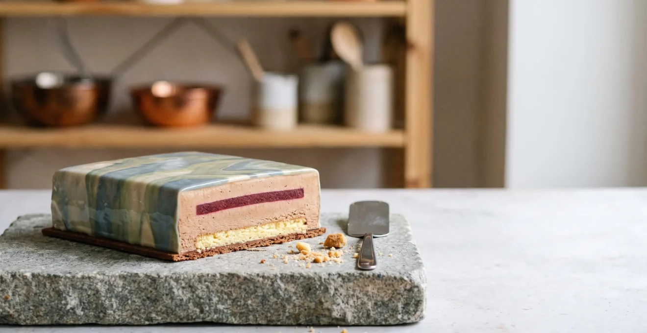 Entremets pâtissier signature dont la coupe révèle des couches colorées symbolisant un récit personnel
