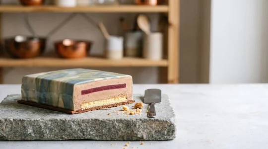 Entremets pâtissier signature dont la coupe révèle des couches colorées symbolisant un récit personnel
