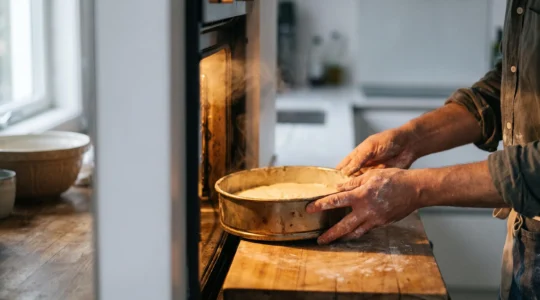 Interieur d'un four illumine par une lumiere doree, symbole de la chaleur necessaire a la reussite d'un gateau