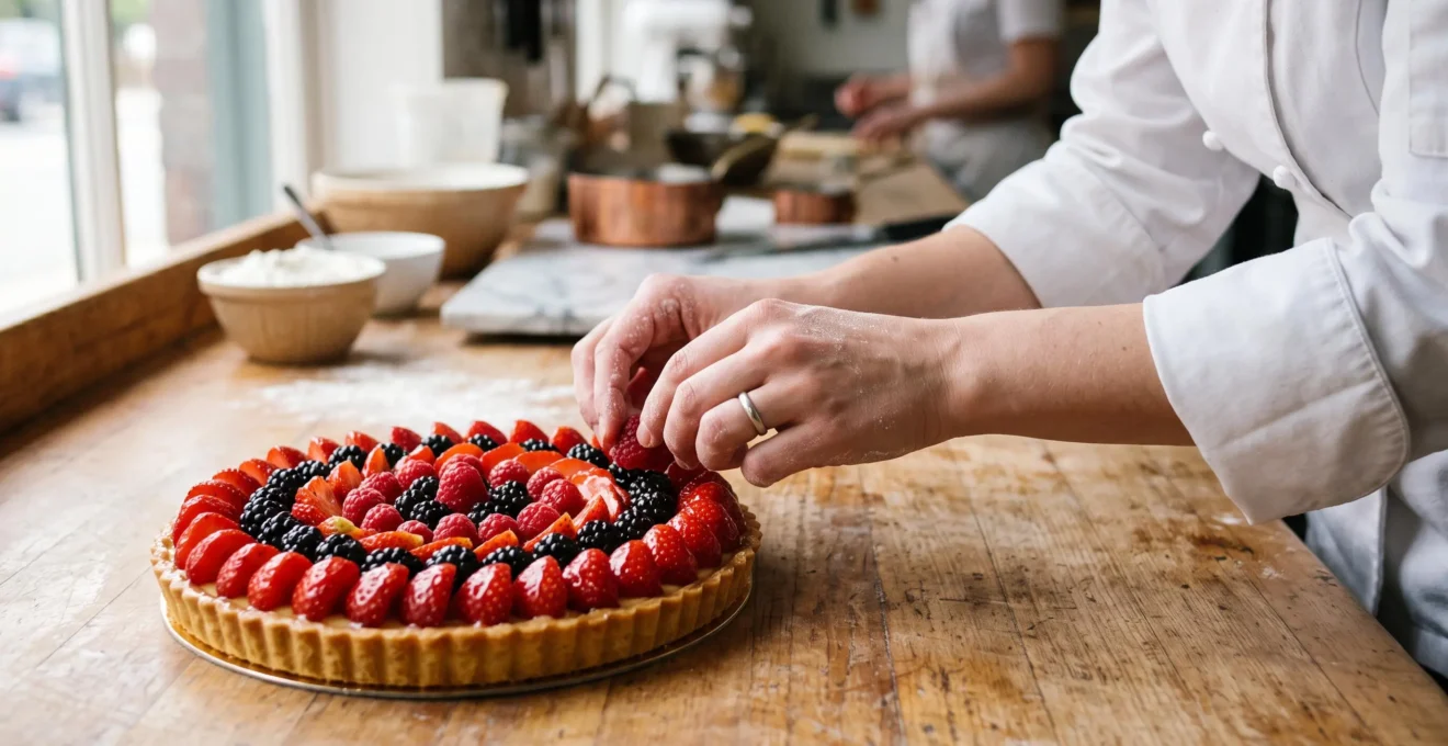 Pâtissier disposant avec précision des fruits rouges frais sur une tarte, geste soigné et lumière naturelle.