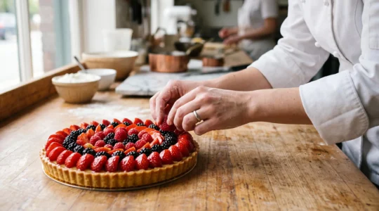 Pâtissier disposant avec précision des fruits rouges frais sur une tarte, geste soigné et lumière naturelle.