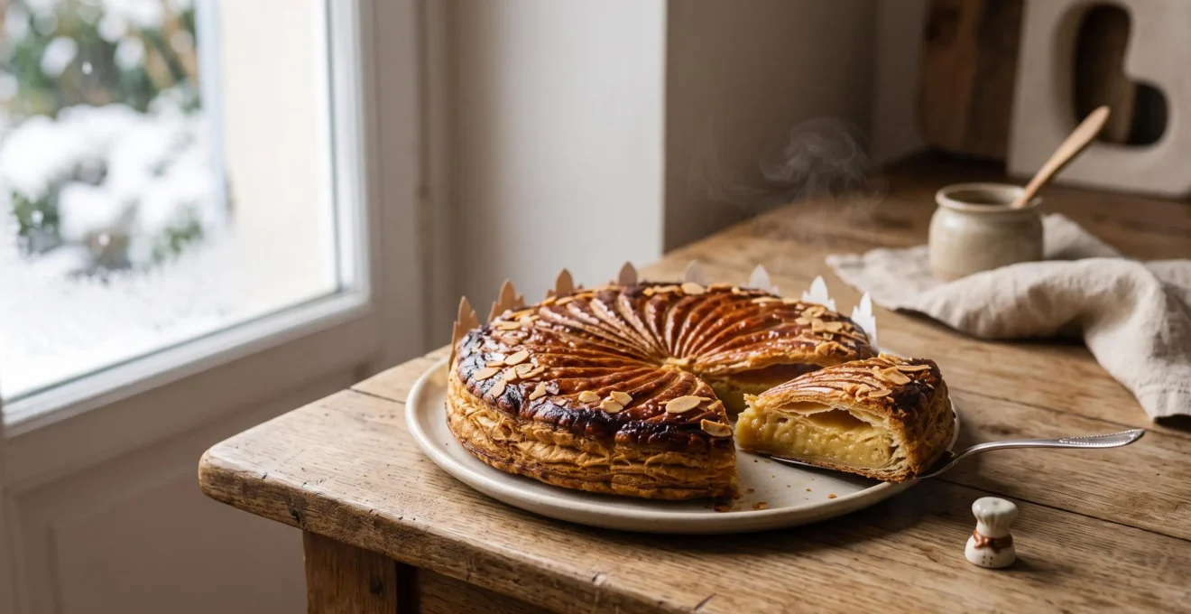 Galette des rois dorée et feuilletée, coupe laissant apparaître une frangipane onctueuse, posée sur un plan de travail rustique.
