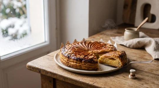 Galette des rois dorée et feuilletée, coupe laissant apparaître une frangipane onctueuse, posée sur un plan de travail rustique.